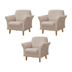 Kit 3 Poltronas Retrô Pés Em Madeira Maciça Jamaica Veludo Bege - Bege