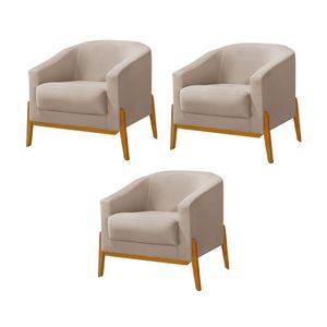 Kit 3 Poltronas Living Base Em Madeira Maciça Flórida Veludo Bege - Bege