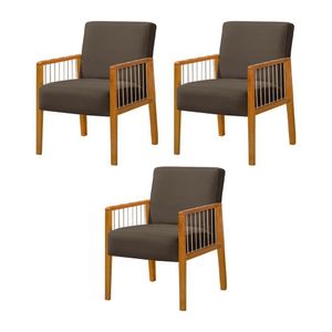 Kit 3 Poltronas Decorativa Base Em Madeira Maciça E Corda Náutica Copacabana Veludo Marrom - Marrom