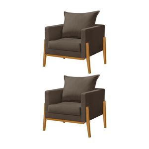 Kit 2 Poltronas Living Base E Pés Em Madeira Maciça Madagascar Veludo Marrom - Marrom
