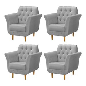 Kit 4 Poltronas Decorativa Pés Palito Em Madeira Playa Linho Cinza - Cinza