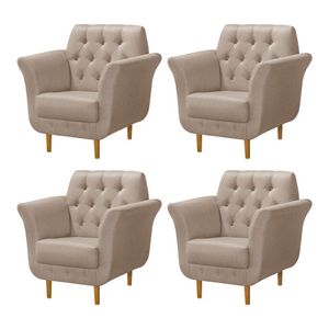 Kit 4 Poltronas Decorativa Pés Palito Em Madeira Playa Linho Bege - Bege