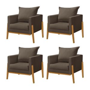 Kit 4 Poltronas Living Base E Pés Em Madeira Maciça Madagascar Veludo Marrom - Marrom