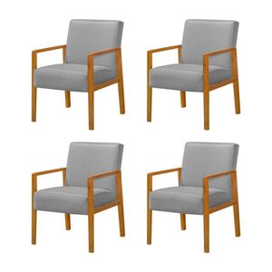 Kit 4 Poltronas Base Em Madeira Maciça Decorativa Bora Bora Linho Cinza - Cinza