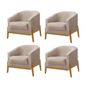 Kit 4 Poltronas Living Base Em Madeira Maciça Flórida Veludo Bege - Bege