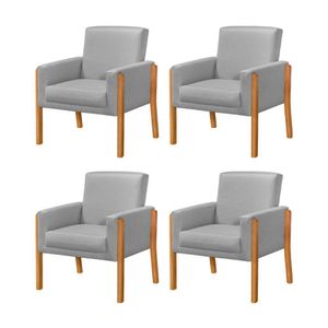 Kit 4 Poltronas Sala De Espera Pés Em Madeira Santorini Linho Cinza - Cinza