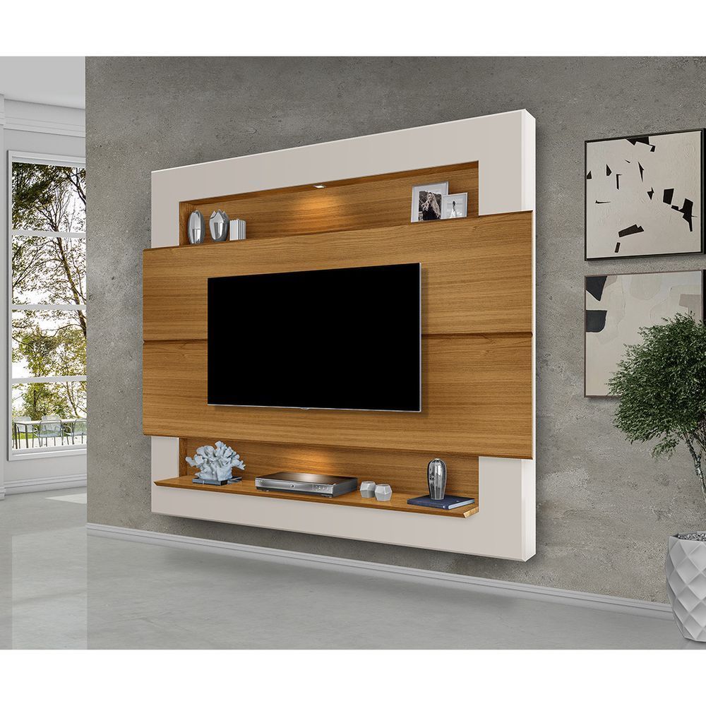 Painel Para Tv Até 55 Polegadas Com 3 Nicho Luxo Freijó Com Off White  Painel para tv