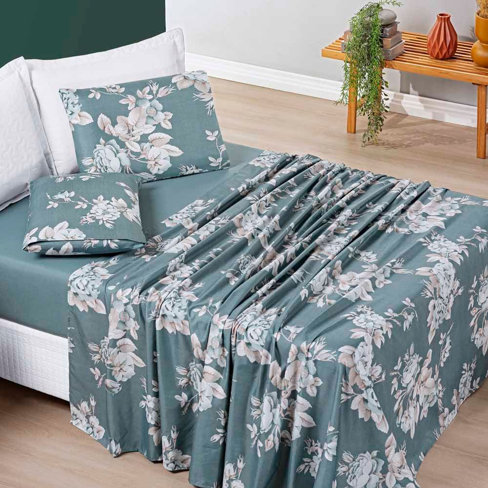 Jogo de Cama King 200 Fios Verde Floral Micro Percal 3 Peças Lençol de  Baixo com Elástico