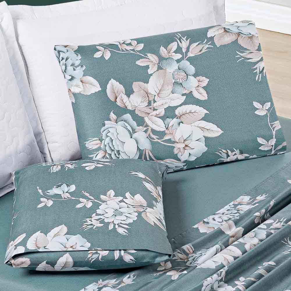 Jogo de Cama King 200 Fios Verde Floral Micro Percal 3 Peças Lençol de  Baixo com Elástico