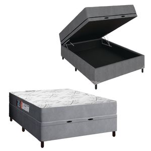 Cama Box Baú Casal Colchão Espuma Egito 138x188x60cm Cinza / Branco Portobel - Suporta Até 100kg Por Pessoa Cinza