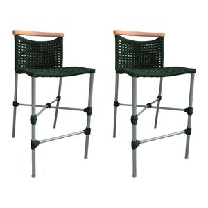Kit 2 Banquetas Em Corda Náutica Base Em Alumínio Cinza Com Detalhe Em Madeira Verde Musgo Verde