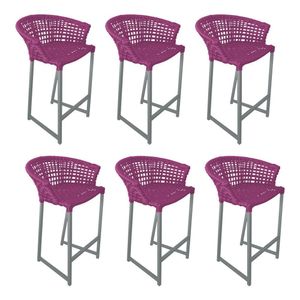 Kit 6 Banquetas Reis Em Corda Náutica E Base Em Alumínio Cinza Para área Gourmet Externa Rosa Rosa