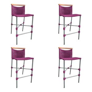 Kit 4 Banquetas Anne Em Corda Náutica Base Em Alumínio Cinza Com Detalhe Em Madeira Rosa - Cor: Rosa