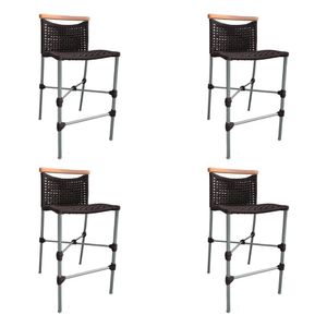 Kit 4 Banquetas Em Corda Náutica Base Em Alumínio Cinza Com Detalhe Em Madeira Marrom Marrom