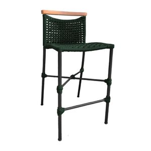 Banqueta Em Corda Náutica Base Em Alumínio Preta Com Detalhe Em Madeira Verde Musgo Verde