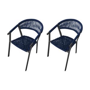 Kit 2 Cadeiras Decorativa Joana Em Corda Náutica E Base Em Alumínio Preta - Azul Marinho - Cor: Azul