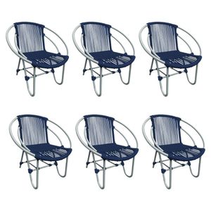 Kit 6 Cadeiras Decorativa Julia Em Corda Náutica E Base Em Alumínio Cinza- Azul Marinho - Cor: Azul