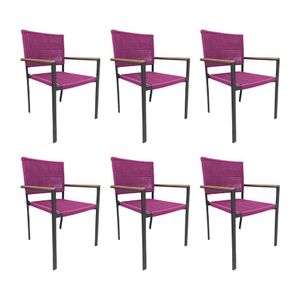 Kit 6 Cadeiras Piracicaba Corda Náutica Braço Com Detalhe Em Madeira Base Alumínio Preto-rosa Rosa