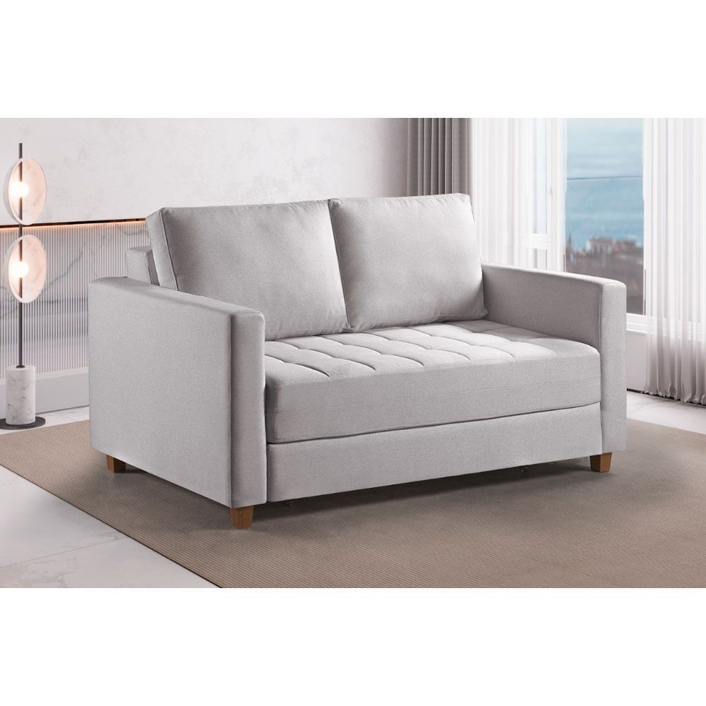 Sofa Cama Casal Marcelle 2 Lugares 150cm Linho Pe De Madeira Cru