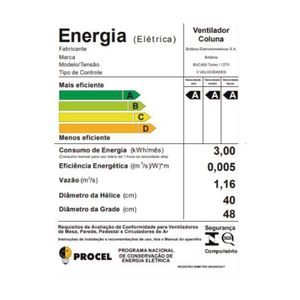 Ventilador de Coluna Britânia 6 Pás 47cm Preto 127V BVC450