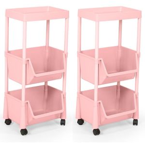 Kit 2 Carrinho Multiuso Prático 3 Prateleiras Em Plástico Com Rodízio - Rosa