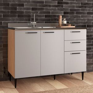 Balcao De Cozinha 120cm 3 Portas 2 Gavetas Amália Aveiro Oak-cinza Urbano