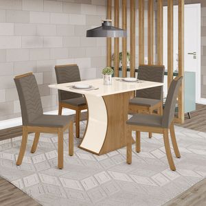 Conjunto Sala De Jantar Tampo Mdf Canto Reto 120 Cm 4 Cadeiras Melanie Henn Off White Com Nature E Bege