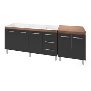 Armário Cozinha Gabinete Pia De 140 Cm Carina Com Balcão Multiuso Micro-ondas Savana Frente Preta Serena