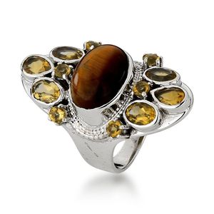 Anel Oval Com Pedra Olho De Tigre e Citrino Em Prata 925 19