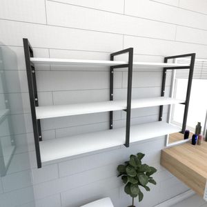 Estante Nicho Industrial Banheiro Prateleira Branca Prateleira Industrial Ferro Madeira