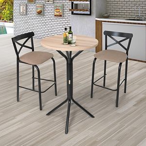 Conjunto Bistrô Tampo 0,65m Redondo Com 2 Banquetas Tubo Paris Preto/bege