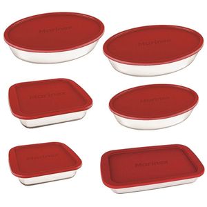 Conjunto De Assadeiras Marinex Em Vidro Com Tampa 6 Peças Vermelho Com Transparente