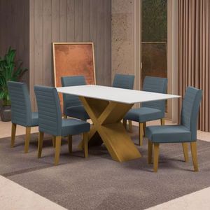 Mesa De Jantar Dobuê Creta Light 180x90 Com 6 Cadeiras Estofadas Carvalho/branco Off White/grafite