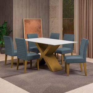 Mesa De Jantar Dobuê Creta Light 160x90 Com 6 Cadeiras Estofadas Carvalho/branco Off White/grafite