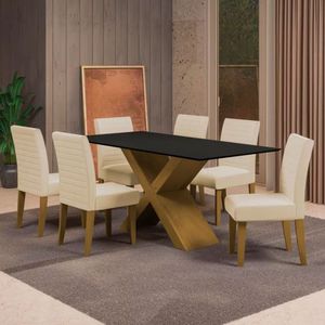 Mesa De Jantar Dobuê Creta Light 180x90 Com 6 Cadeiras Estofadas Carvalho/preto/bege