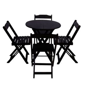 Conjunto De Mesa Dobravel Para Restaurante De Madeira 90cm Redondo Com 4 Cadeiras Preto - Preto