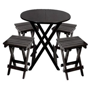 Conjunto Restaurante De Mesa Dobravel 60cm Redondo Com 4 Banquinhos Dobraveis Preto - Preto
