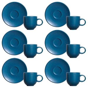 Conjunto Com 6 Xícaras E Pires Para Café Porto Brasil Coup Boreal Em Stoneware - 97 Ml Azul