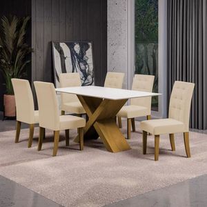 Mesa De Jantar Dobuê Dubai Light 160x90 Com 6 Cadeiras Estofadas Carvalho/branco Off White/bege