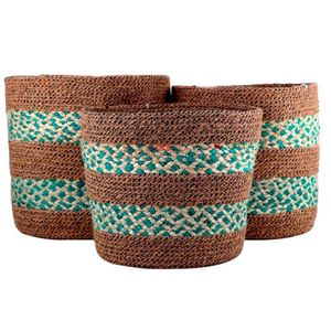 Conjunto De Cestas Em Fibra Natural L`hermitage Redondas 3 Peças Azul/natural