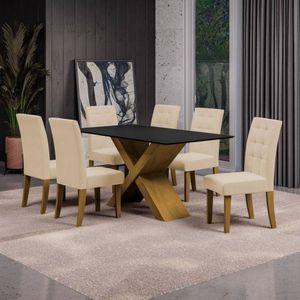Mesa De Jantar Dobuê Dubai Light 160x90 Com 6 Cadeiras Estofadas Carvalho/preto/bege