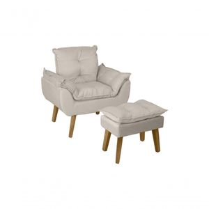 Poltrona Decorativa Opala E Puff Opala Bege Claro Com Fibra De Silicone E Pés Quadrado