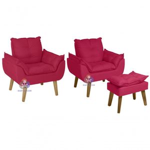 Kit 02 Poltrona Decorativa E Puff Opala Vermelho Com Fibra De Silicone E Pés Quadrado