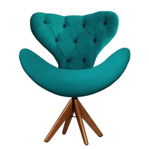 Cadeira Decorativa Egg Com Capitonê Azul Turquesa Giratória Madeira