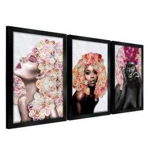 Quadros Decorativos 20x30 Mulheres Rosto Flores Rosas Kit 3 Titulos Moldura Preta