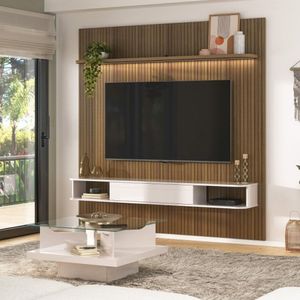 Sala De Estar Completa Rack Ripado Com Mesa De Centro Atenas Vision Pinho-off White