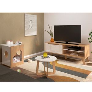 Sala De Estar Completa Rack Com Mesa De Centro E Mesa De Apoio Lotus Jasmin Carvalho-off White