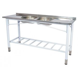 Pia Industrial Benfati Inox 430 160x53cm Pés Pintados Concretada Paneleiro Gradeado Com 2 Cubas 817gr