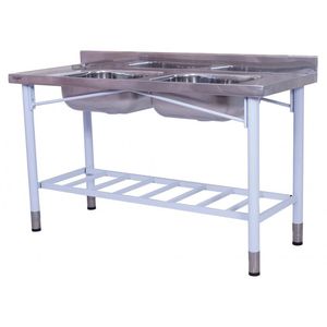 Pia Industrial Benfati Inox 430 150x60cm Pés Pintados Paneleiro Gradeado Com 2 Cubas 560gr