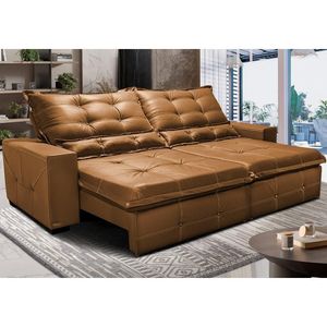 Sofá De Courino Retrátil E Reclinável 2,95m Cama Inbox Bourbon Softgel D40 Caramelo